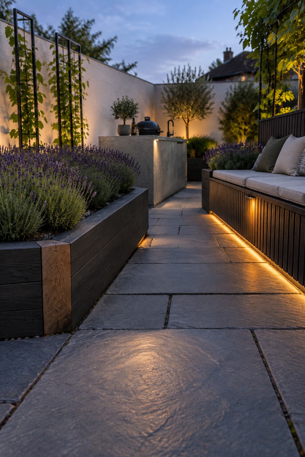 A stone-paved garden path bordered by dark timber raised beds planted with lavender, next to a built-in wooden bench with cushions at dusk.