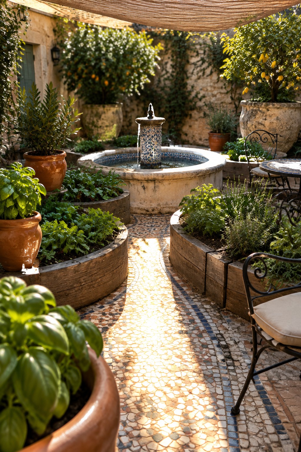 A courtyard garden with curved timber raised beds filled with herbs and greenery, a central tiled fountain, and a mosaic pebble path running between the beds.