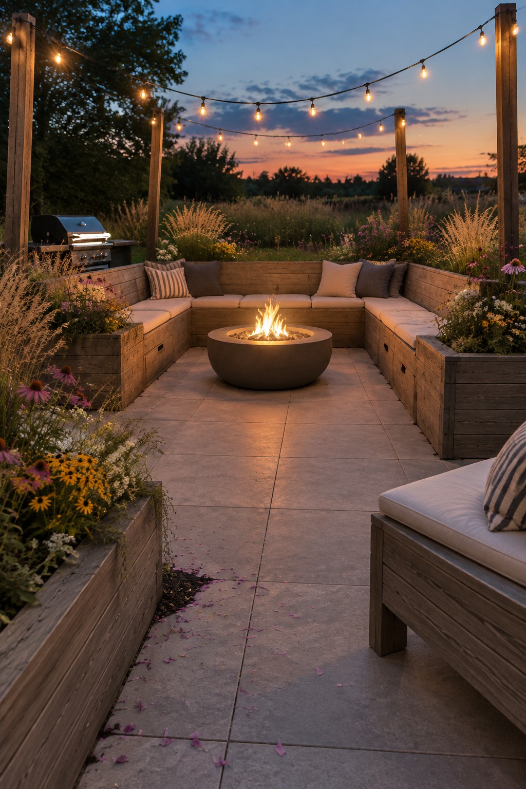 Outdoor patio with fire pit, wooden benches, string lights at sunset