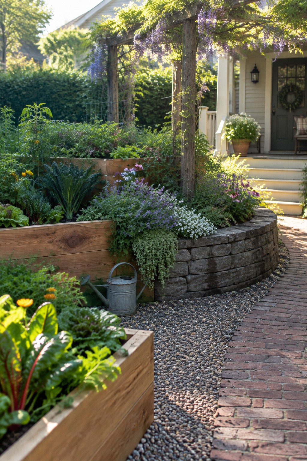 A front garden with rectangular timber raised beds containing leafy greens and flowers, a curved stone retaining wall, a metal watering can on gravel, and a brick path leading toward a house porch with wisteria overhead.