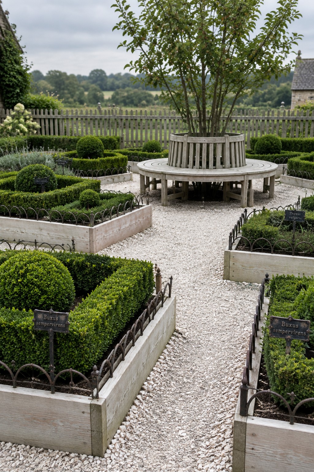Formal garden with boxwood hedges in raised beds and circular bench around tree