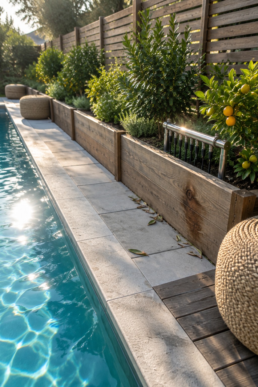 A narrow lap pool bordered by light stone paving and long raised beds built from weathered timber, planted with shrubs and small citrus trees against a wooden fence.