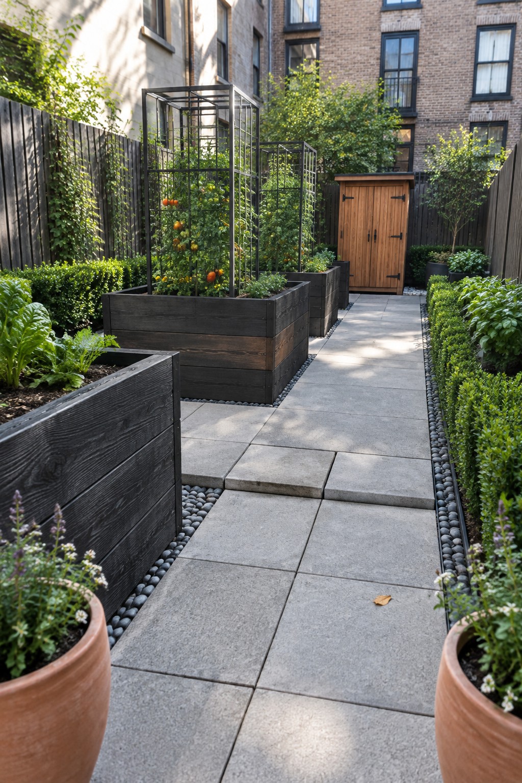 A narrow concrete path bordered by dark timber raised beds containing vegetables, herbs, and flowering plants with black metal trellises overhead.