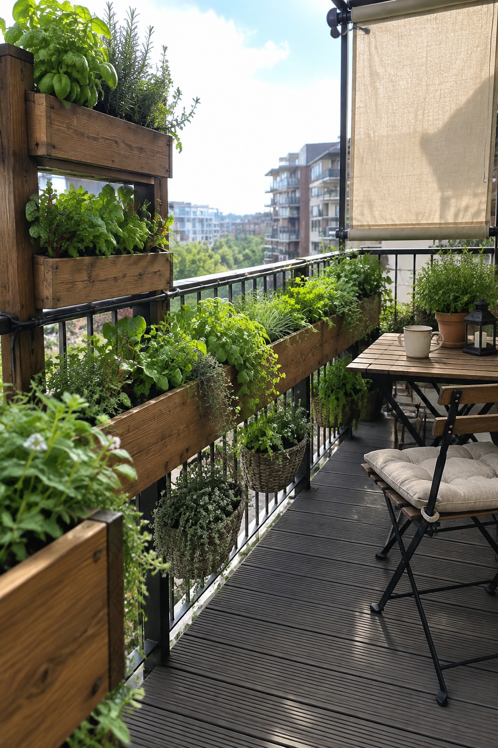Urban balcony with lush herb planters, wooden table, chair, and city view.