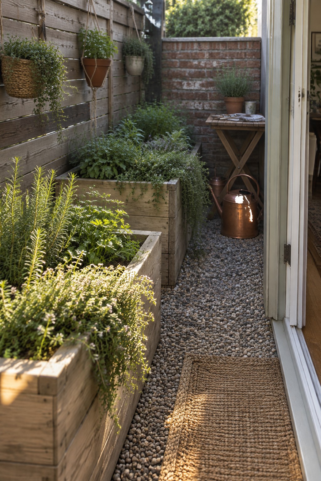 A narrow gravel path bordered by wooden raised garden beds filled with various green plants, with hanging planters on a wooden fence and a brick wall in the background.