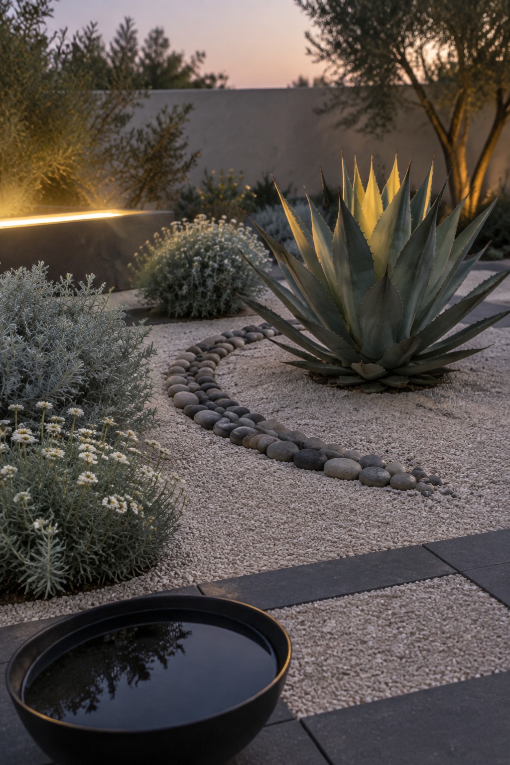 A gravel garden with a curving line of river rocks, a large agave plant, silvery shrubs with white flowers, and a black water bowl in the foreground.