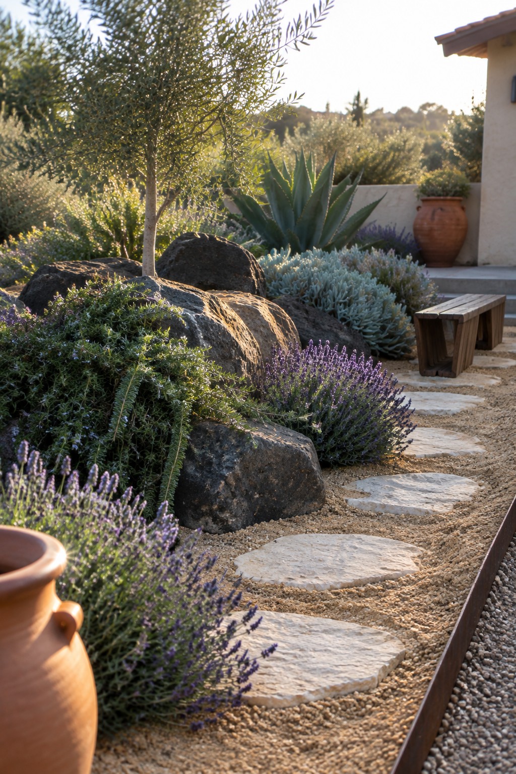 A gravel path with irregular stepping stones runs past large dark boulders and clumps of lavender and succulents in a sunny garden.