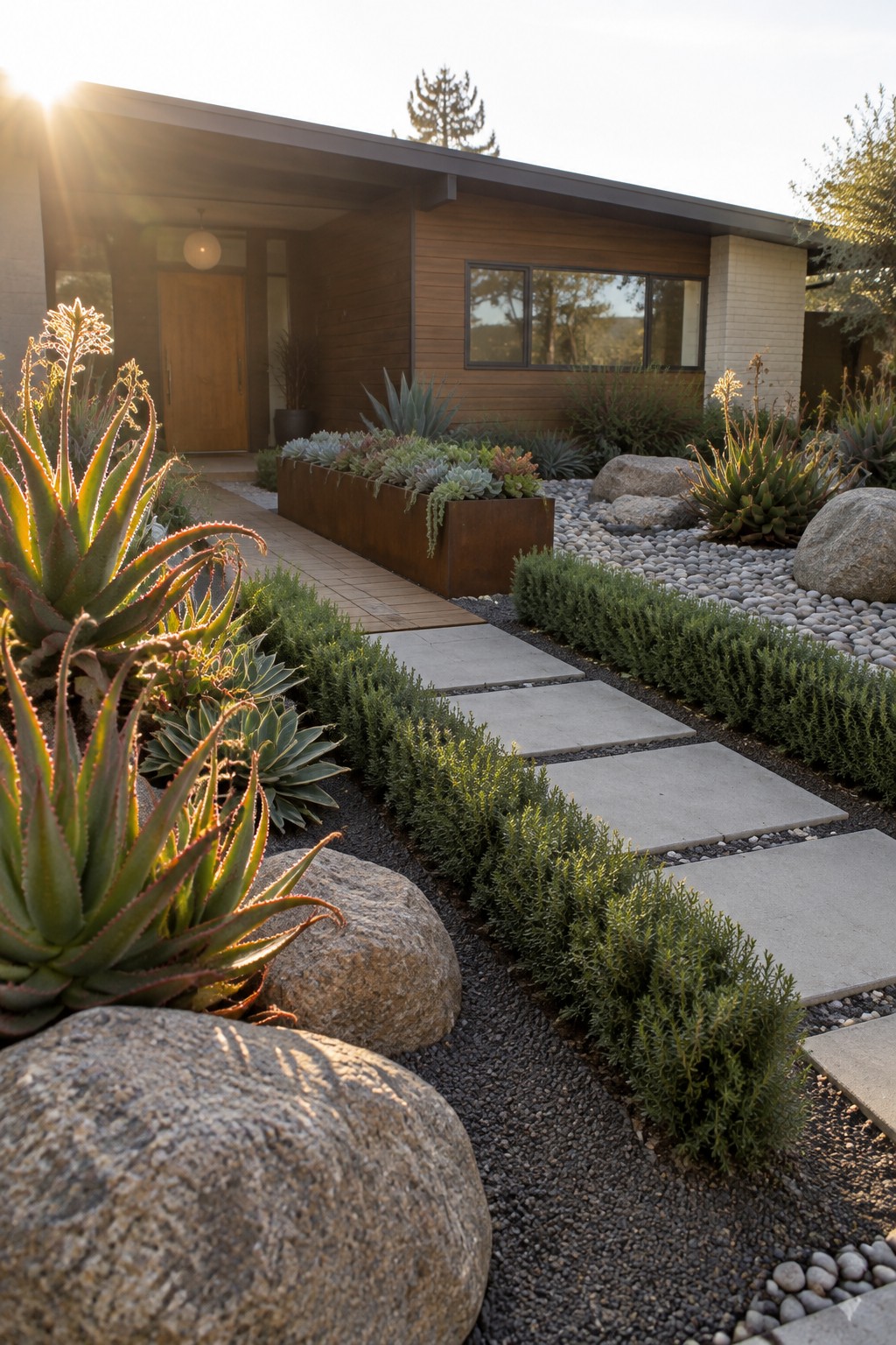 A front yard rock garden with gravel, large boulders, concrete paver paths, agave and other succulents, low green shrubs, and a rusted metal planter in front of a modern house.