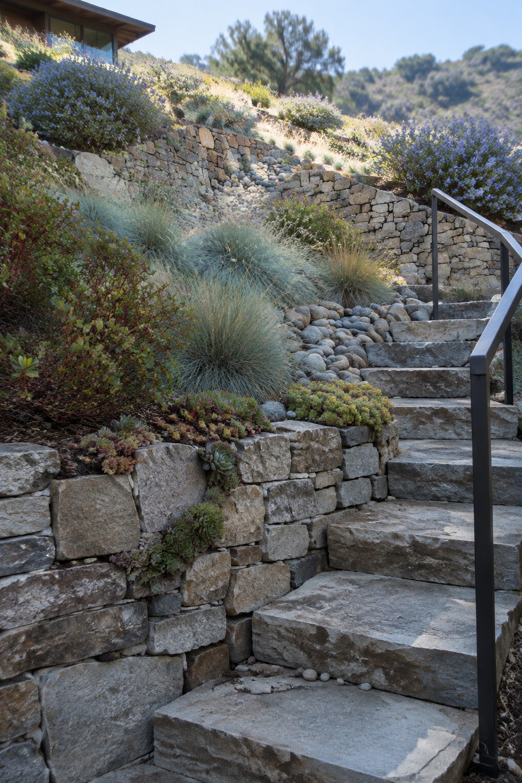 A hillside garden with stacked stone retaining walls, a stone staircase with railing, and drought-tolerant plants including succulents and flowering shrubs.