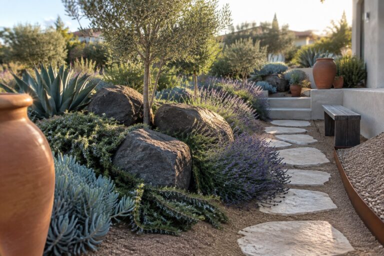 14 Creative Rock Garden Landscaping Ideas With Drought-Tolerant Plants A gravel path with irregular stepping stones runs past large dark boulders and clumps of lavender and succulents in a sunny garden.
