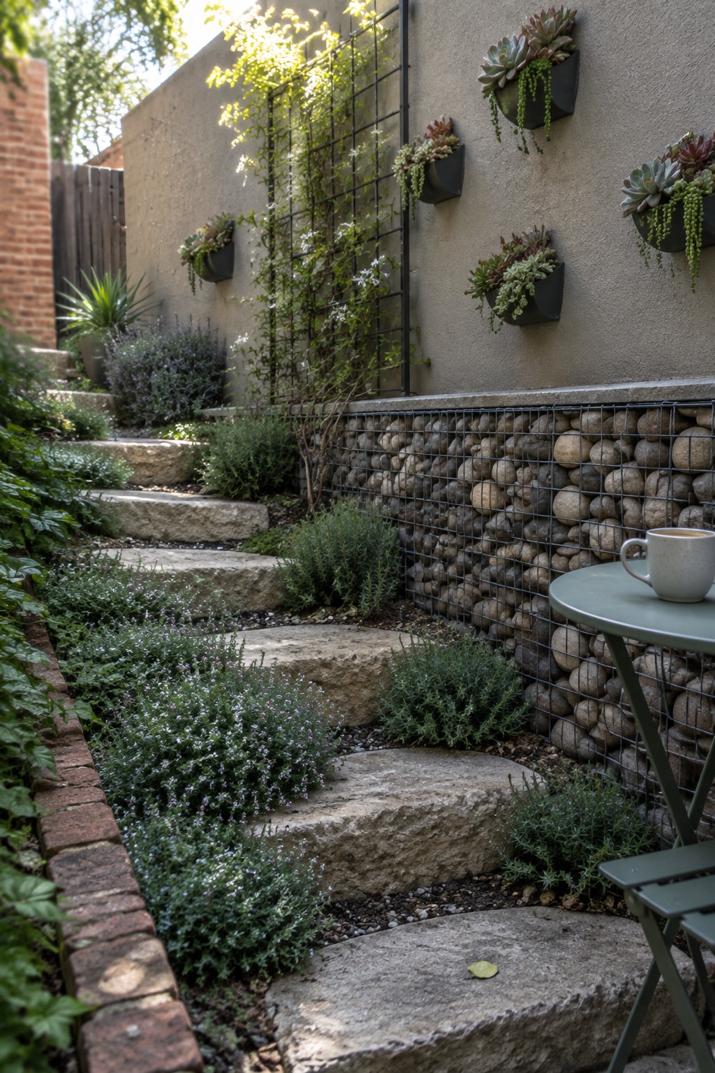 A narrow garden path with irregular stone steps runs beside a tall gabion retaining wall filled with rounded rocks and a stucco wall holding several black planters with succulents.
