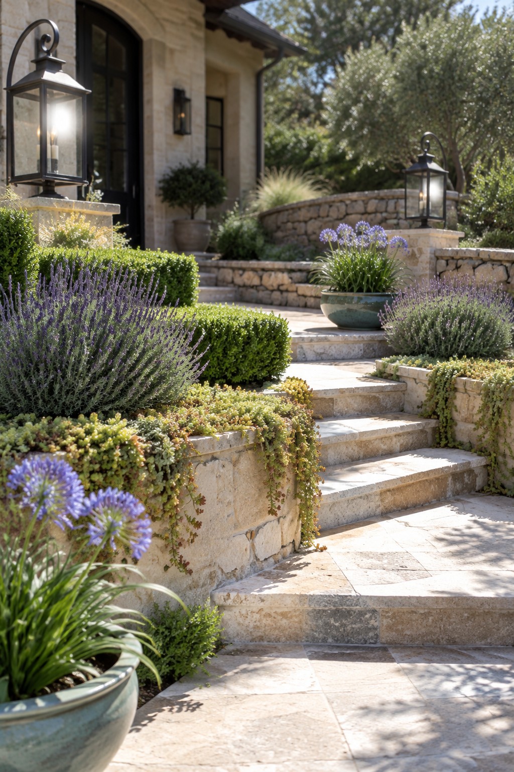 Stone steps lined with purple lavender, succulents, and glowing lanterns at grand entrance