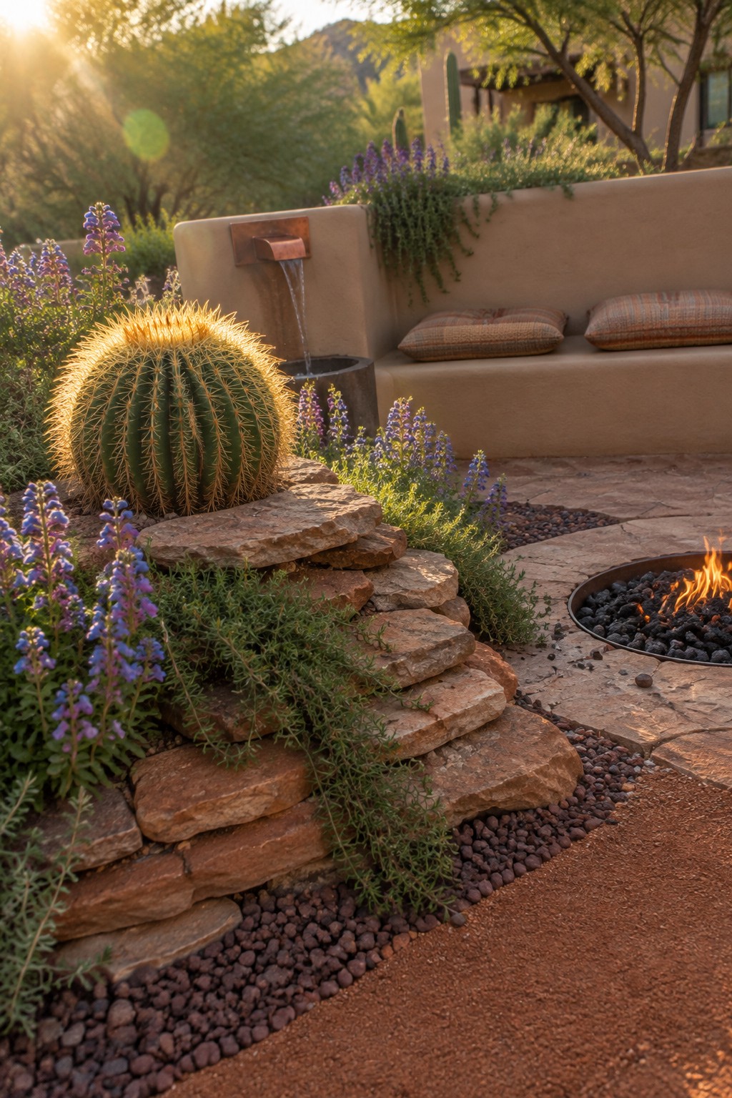 Southwestern patio with glowing barrel cactus, stone waterfall, fire pit, and purple flowers at sunset.