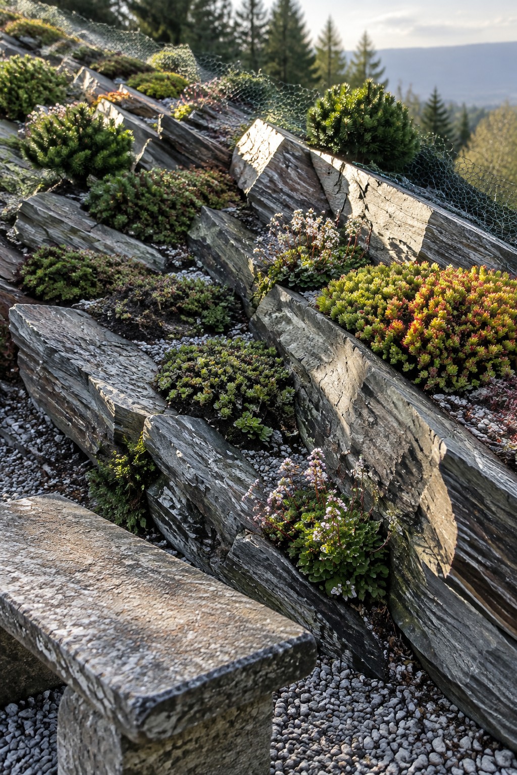 A sloped garden with layered flat rocks forming terraces that hold soil and small drought-tolerant plants, with gravel at the base.