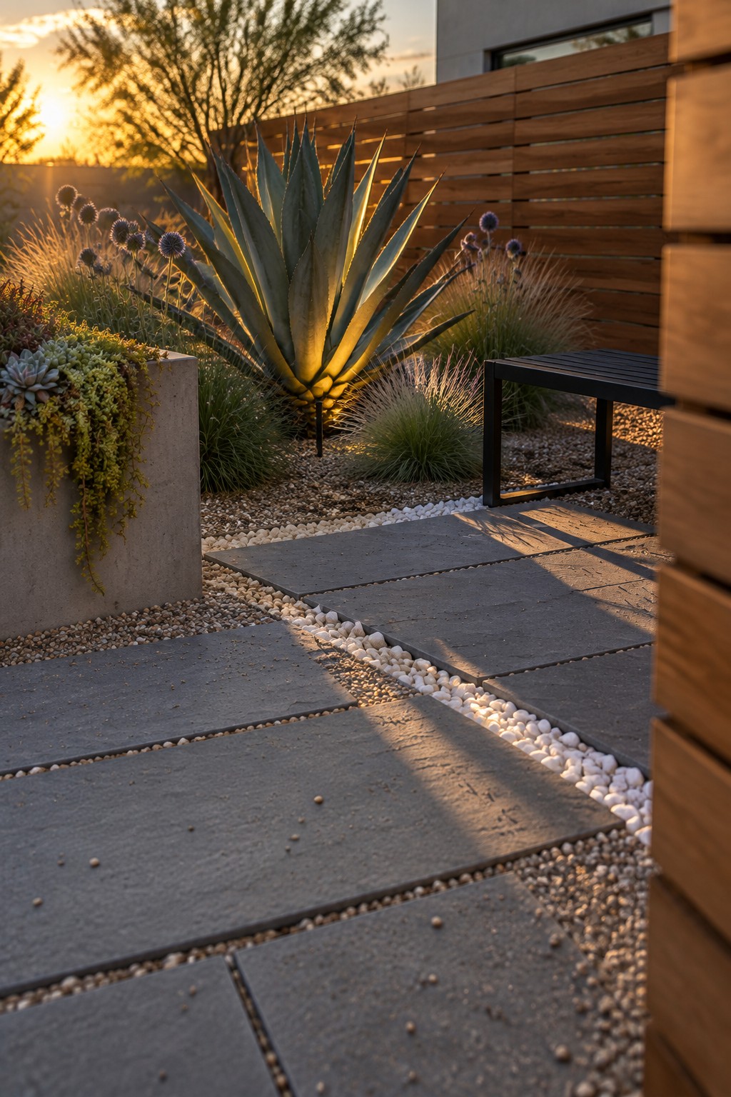 A winding path of large gray stone pavers bordered by white pebbles runs through a rock garden with a large agave plant, succulents, and ornamental grasses beside a wooden fence.