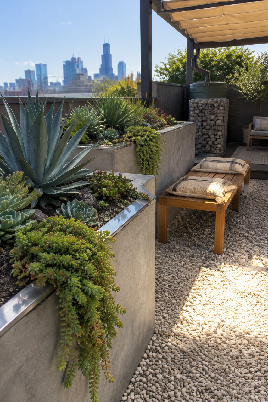 Concrete raised planters filled with succulents and agave plants sit on a gravel rooftop terrace beside a wooden bench, with a city skyline visible in the background.