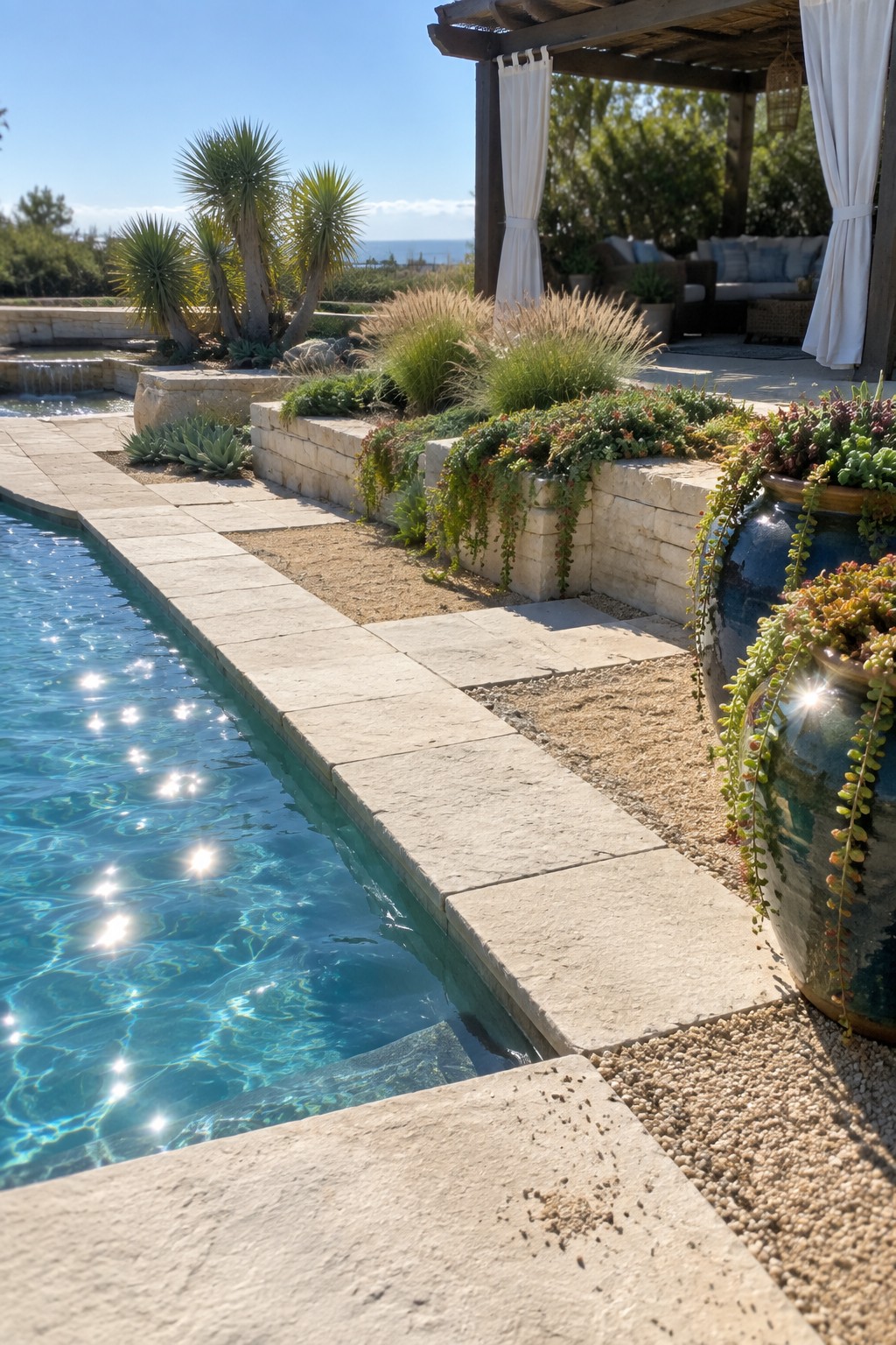 A poolside garden with light stone paving, raised limestone planters holding succulents and ornamental grasses, and large ceramic pots with trailing plants.