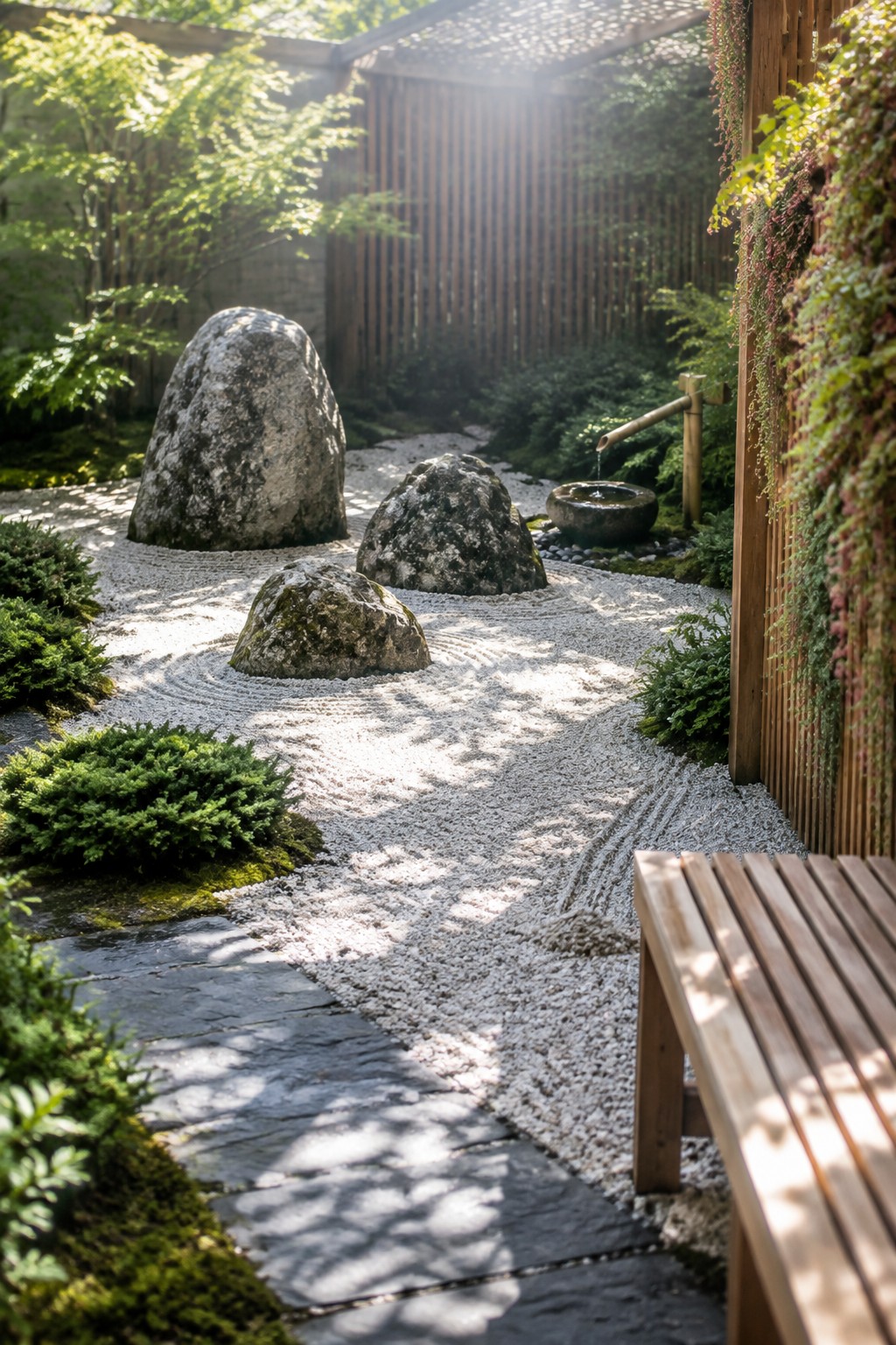 A Japanese-style rock garden featuring large boulders placed in raked white gravel, with green shrubs, a stone path, a wooden bench, and a bamboo water spout along one side.