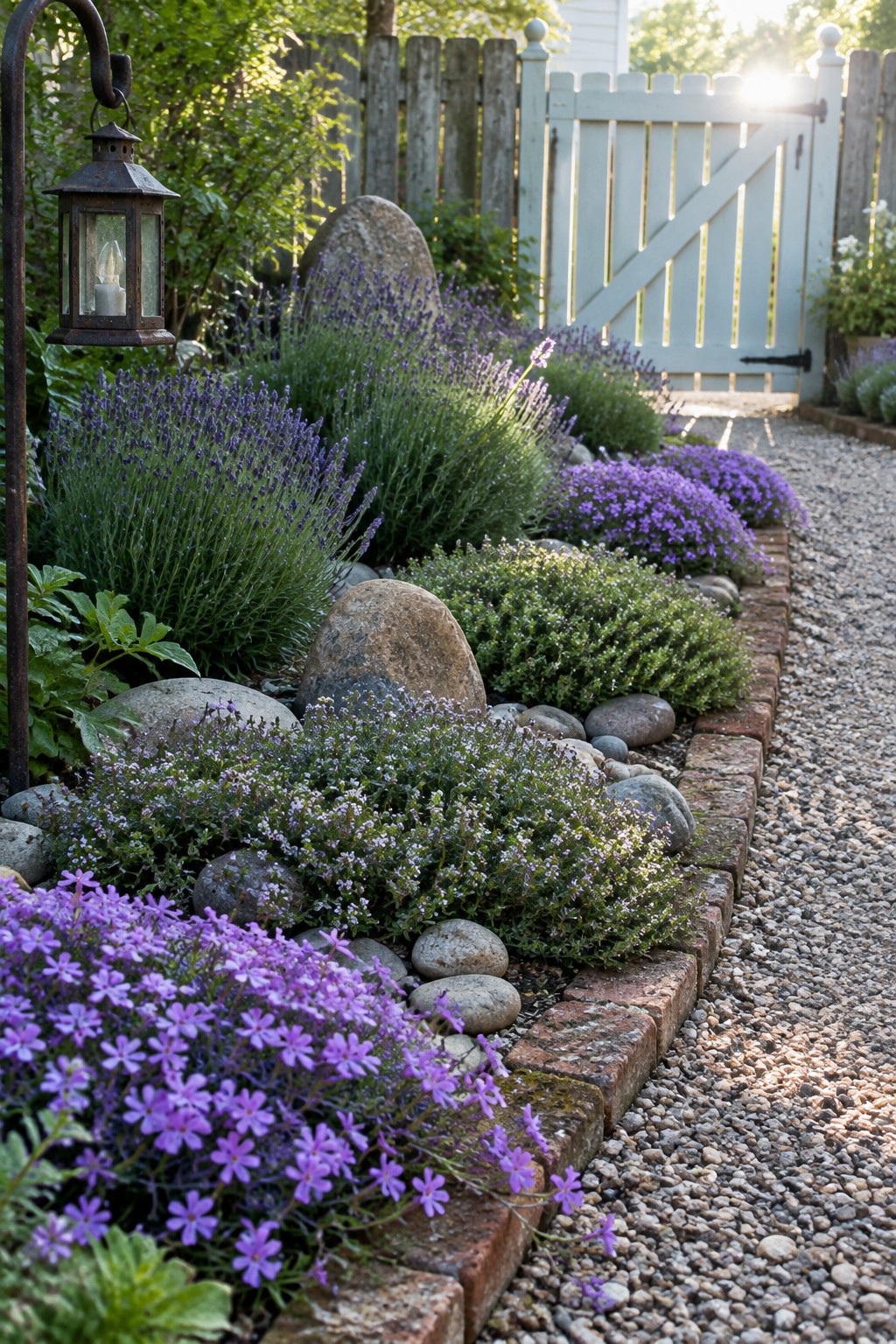 Lush garden with purple flowers, rocks, lantern, brick border, and white gate.