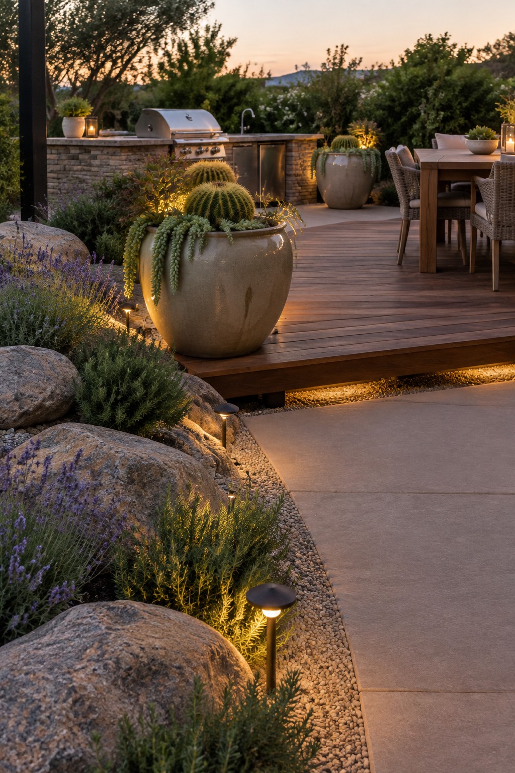 A landscaped garden edge with large boulders, drought-tolerant plants, gravel, and path lights bordering a wooden deck.