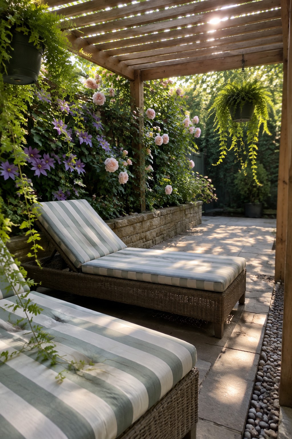 A wooden pergola shades two wicker lounge chairs with striped cushions on a stone patio next to a wall covered in climbing roses and purple flowers.