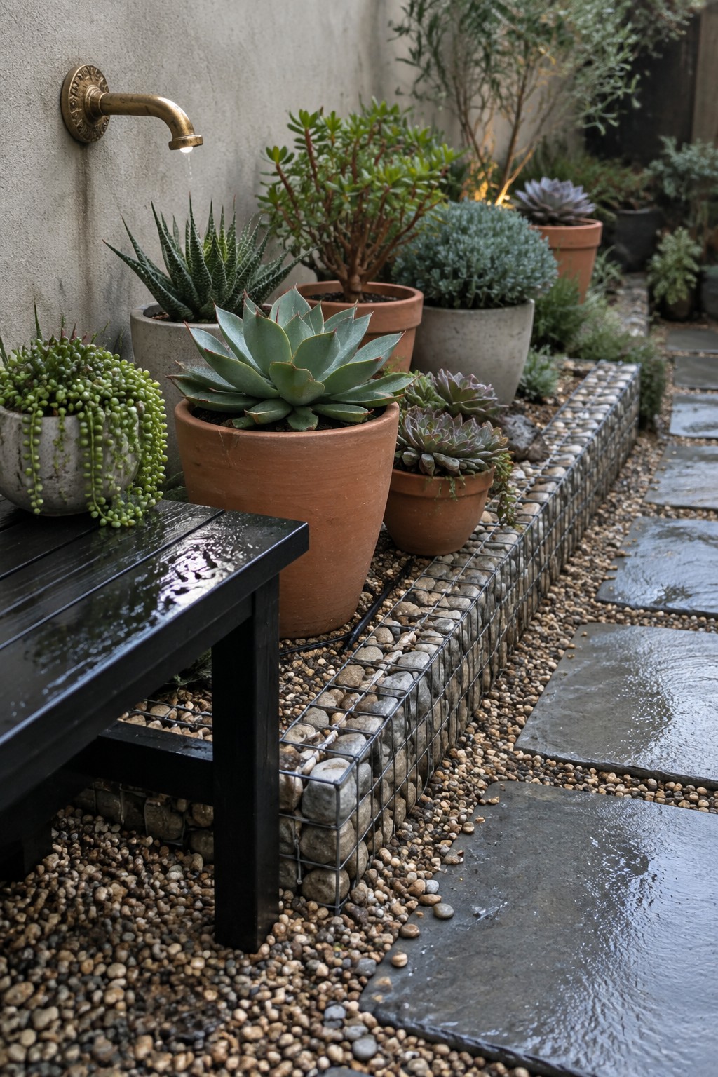 A backyard garden area with terracotta and concrete pots of succulents, a dripping brass faucet on a stucco wall, gravel ground cover, stone pavers, and low wire gabion baskets filled with rocks forming a border along the beds.