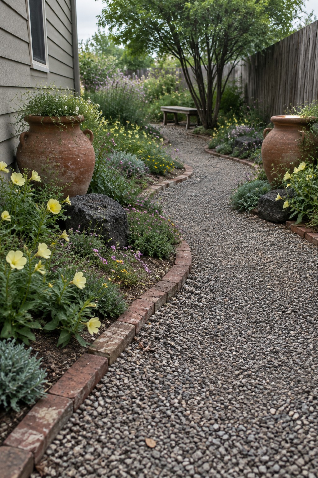 A gravel path curves through a garden bordered by red bricks, with large terracotta pots and yellow flowers planted along both sides.