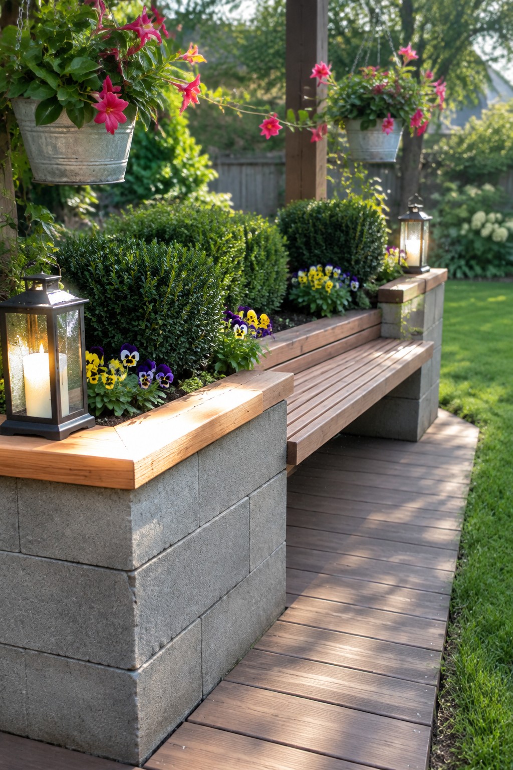 A wooden bench integrated into a concrete block retaining wall beside a deck, with raised planting beds, flowers, and lanterns along the edge.