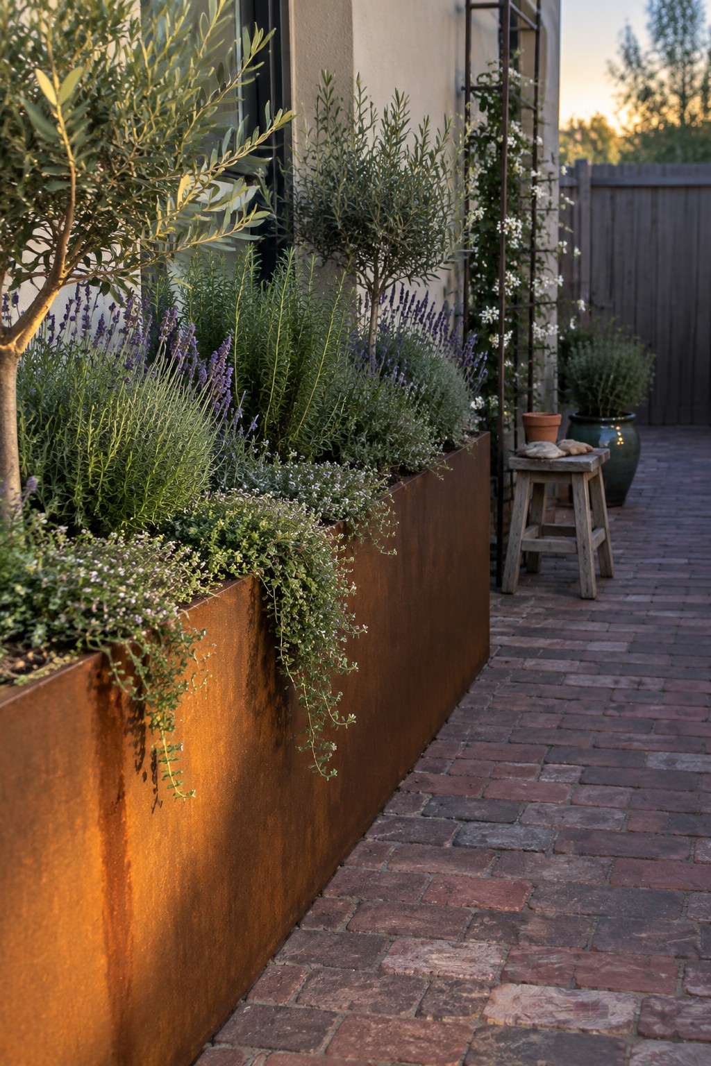 A long rusted metal planter box filled with green shrubs, purple flowers, and trailing plants runs beside a brick pathway next to a house wall.