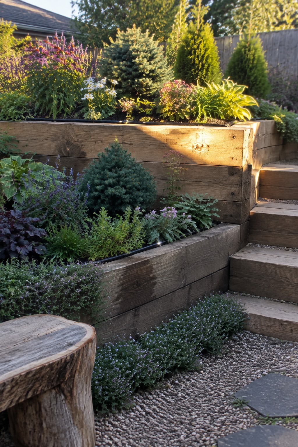 A backyard scene showing multiple levels of wooden raised garden beds with assorted shrubs and flowers, a gravel path, wooden steps on the right, and a tree stump in the foreground.