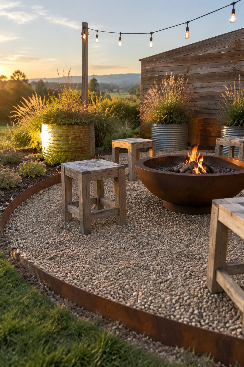A round gravel fire pit area with a large metal fire bowl, several wooden stools, metal planters with tall grasses, and string lights overhead.
