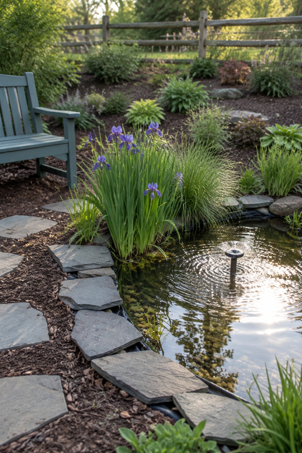 A garden pond bordered by irregular gray stepping stones, with clusters of purple irises and tall grasses growing along the water's edge.