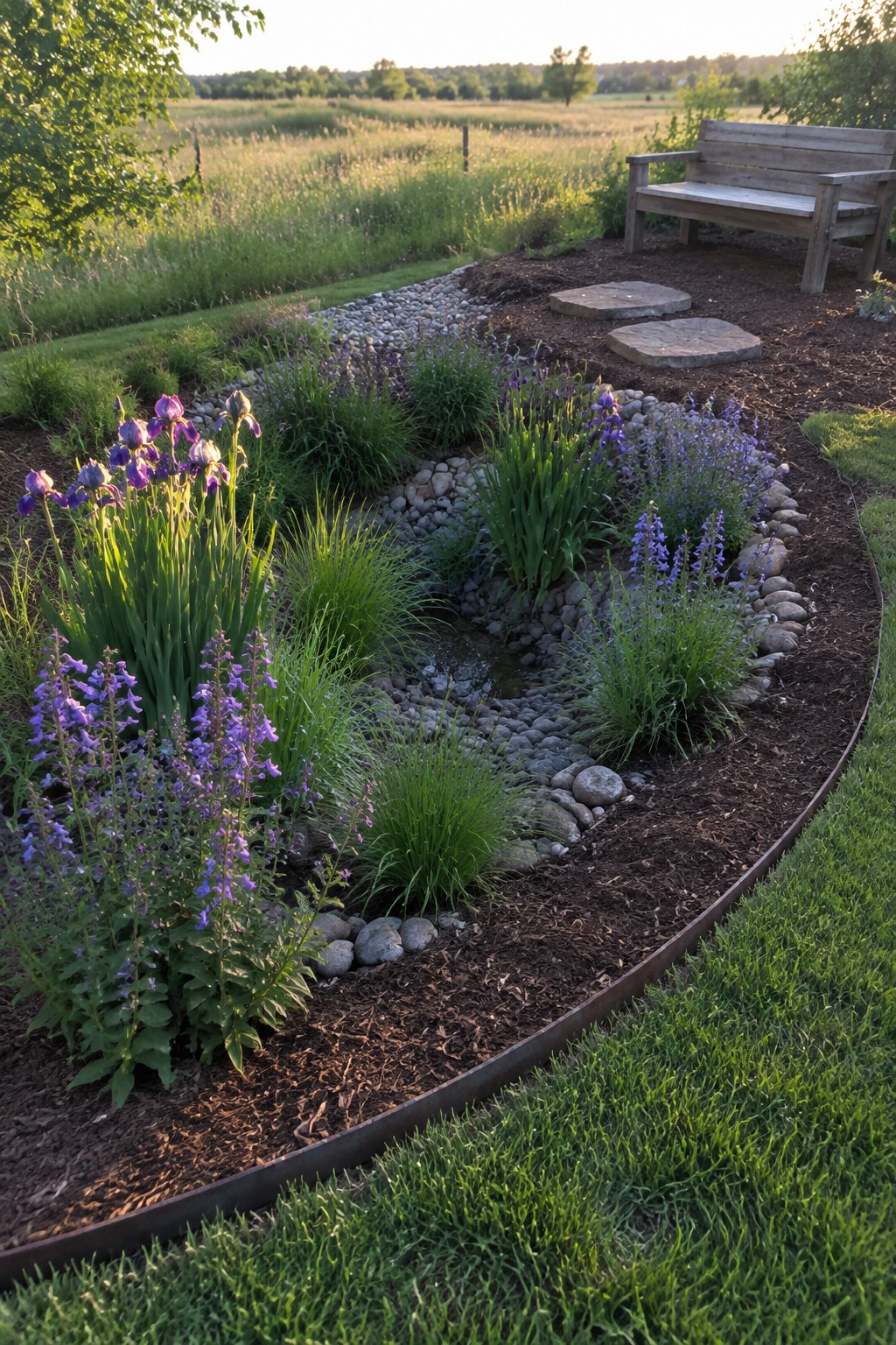 A curved garden bed edged with metal, filled with purple flowers, green plants, rocks, and mulch, bordered by lawn with a wooden bench nearby.