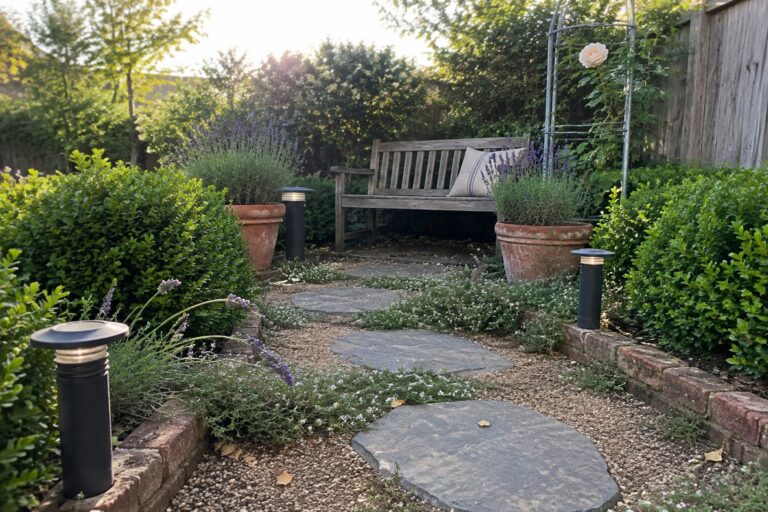 A winding garden path of large irregular gray stepping stones set in gravel, lined with shrubs, lavender, and small solar lights, leading toward a wooden bench.