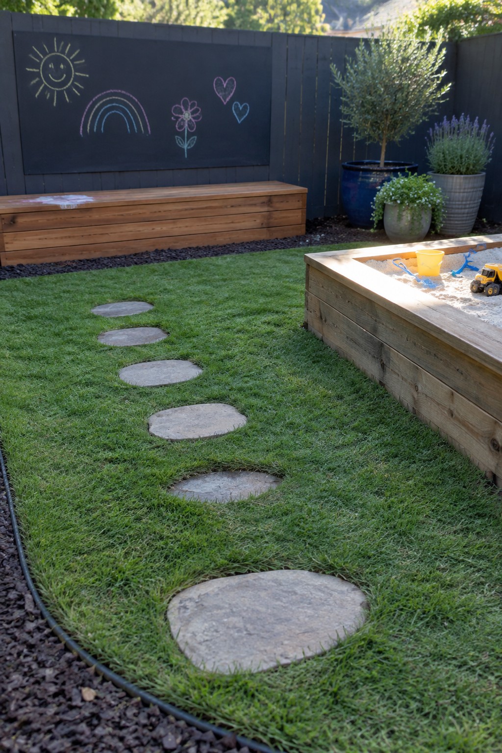 A backyard lawn features a curving path of large round stepping stones leading toward a wooden sandbox, with a chalkboard wall and potted plants visible in the background.