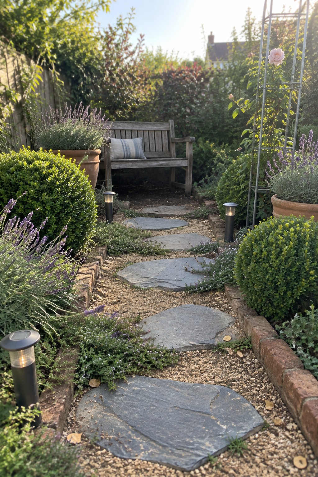A winding garden path of large irregular gray stepping stones set in gravel, lined with shrubs, lavender, and small solar lights, leading toward a wooden bench.