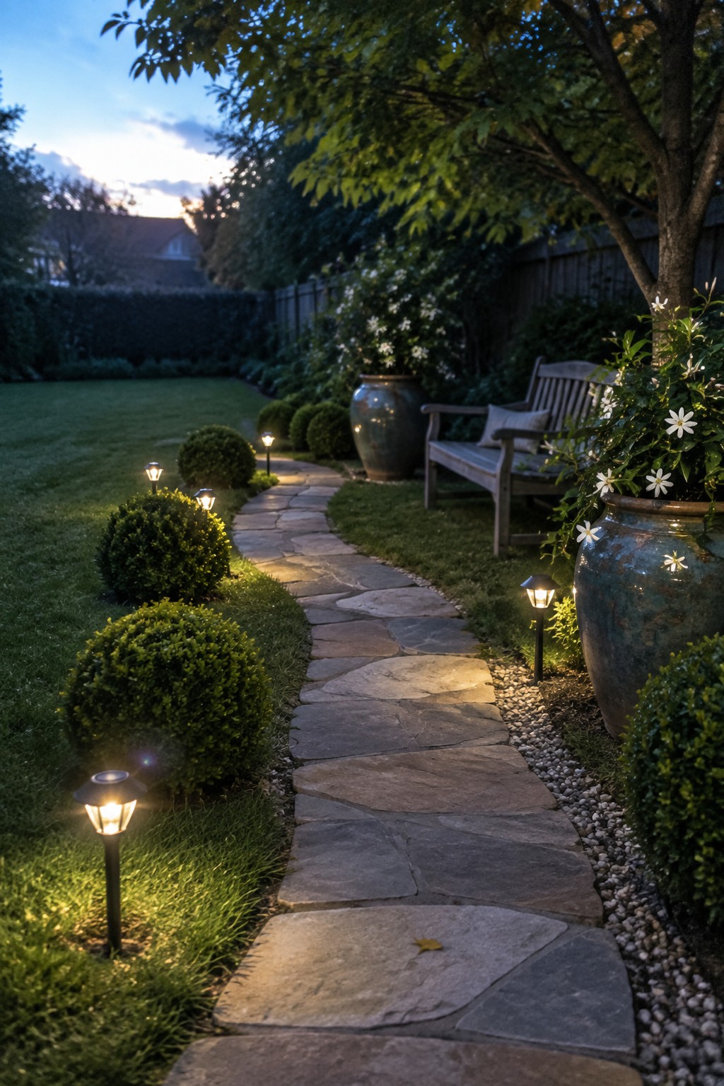 A winding flagstone path lined with small path lights runs through a backyard garden with shrubs and trees at dusk.