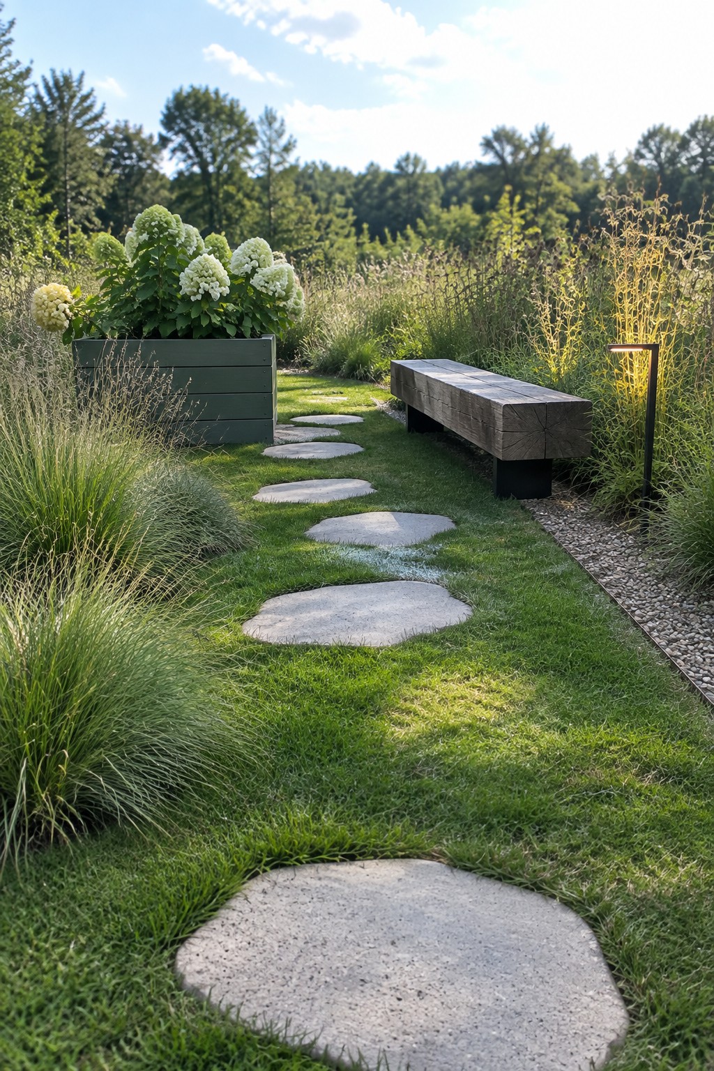 A backyard path of large round concrete stepping stones set into green grass, leading past a wooden bench and a raised planter with white flowers.
