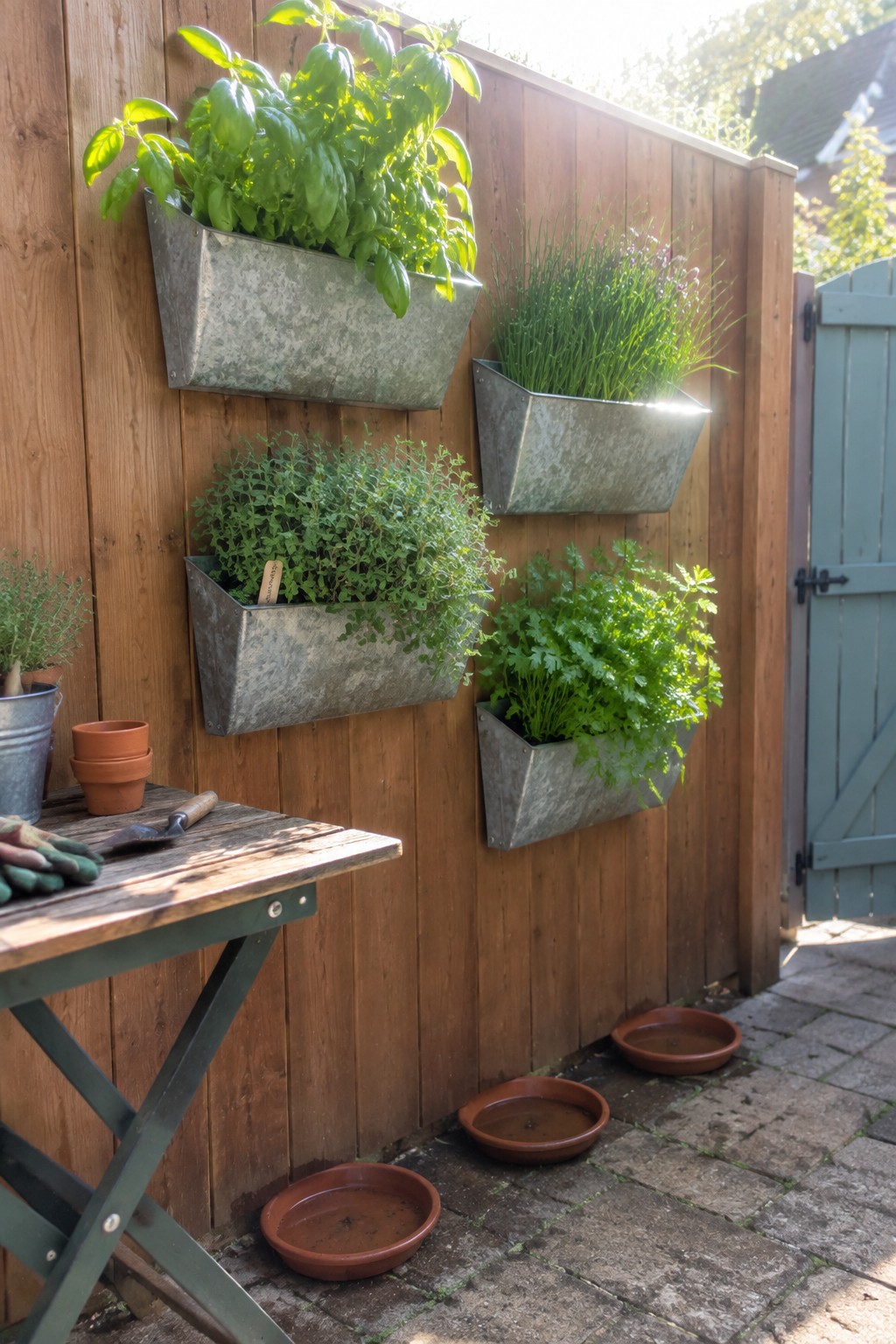 Herb-filled metal planters mounted on wooden fence beside gardening table and gate