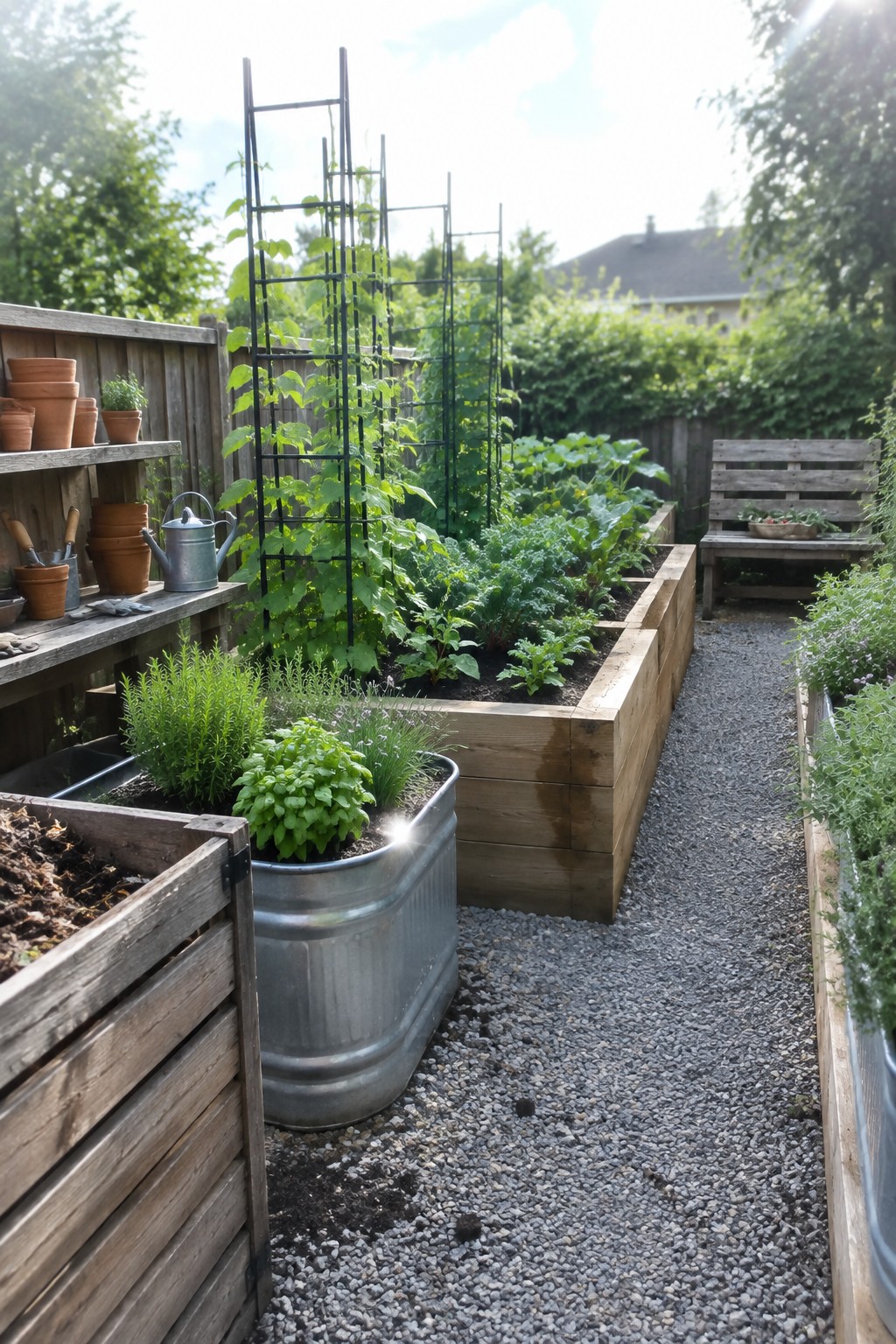 A backyard garden featuring wooden raised beds, black metal trellises with climbing plants, gravel paths, and potted herbs along a wooden fence.