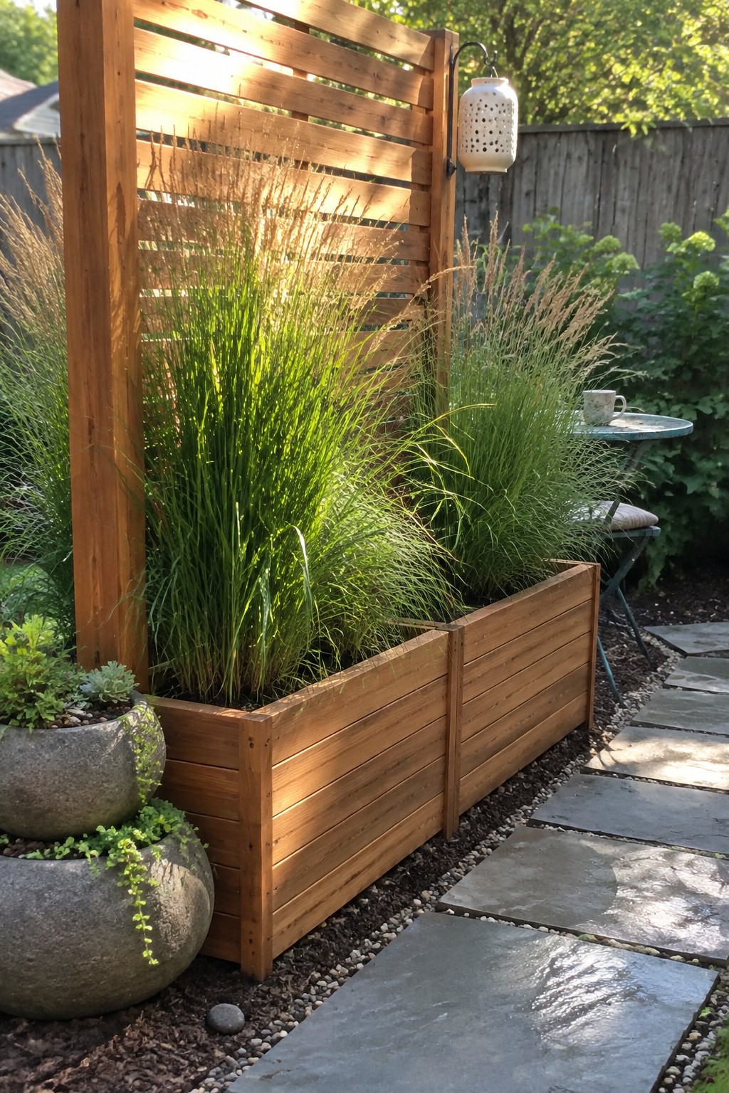 A wooden raised planter box filled with tall ornamental grasses is attached to a vertical slatted screen, with a stone path running alongside in a backyard garden.