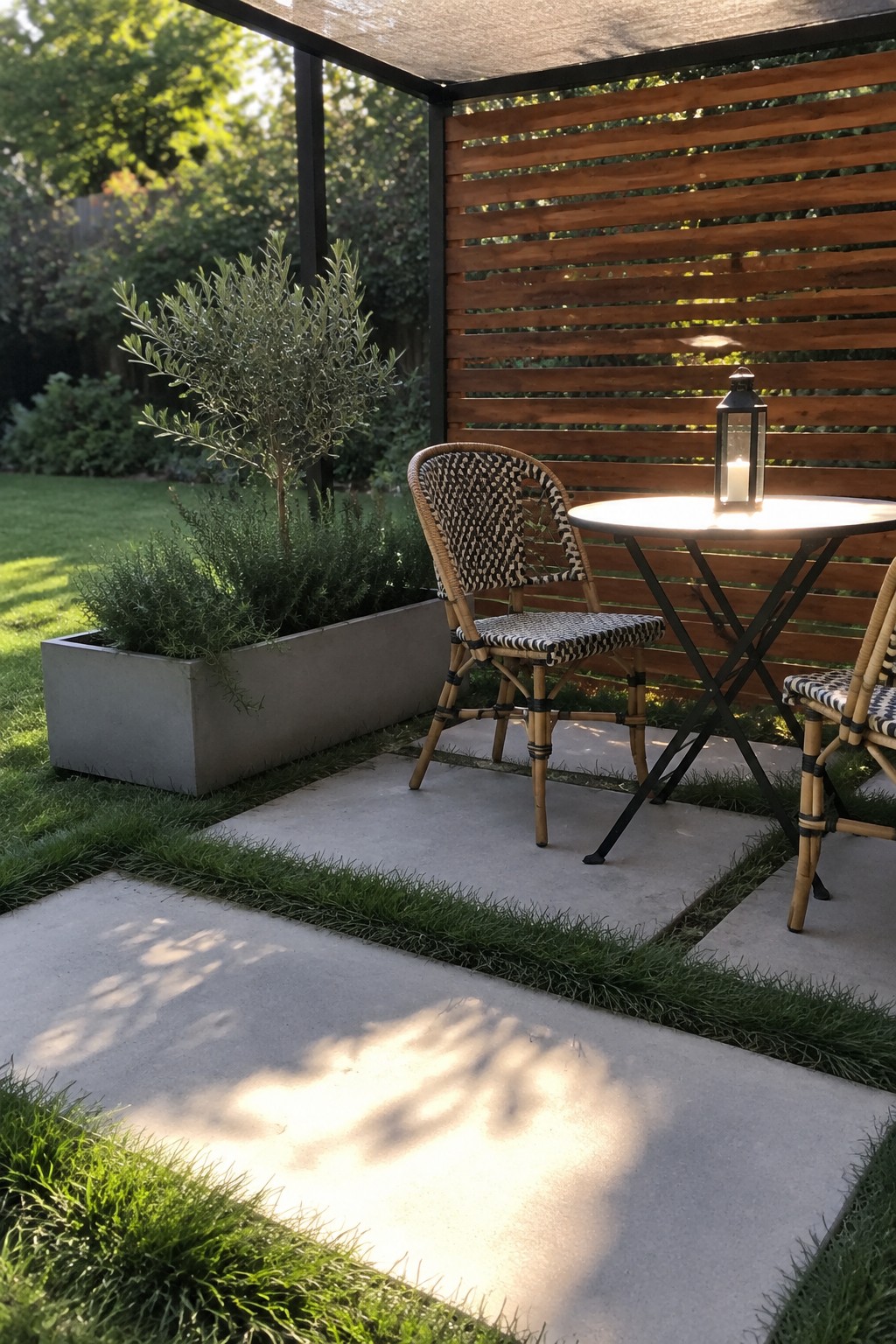 Concrete pavers set into grass form a patio beside a raised concrete planter filled with shrubs and a small tree, with a wooden slat screen behind a round table and chairs.