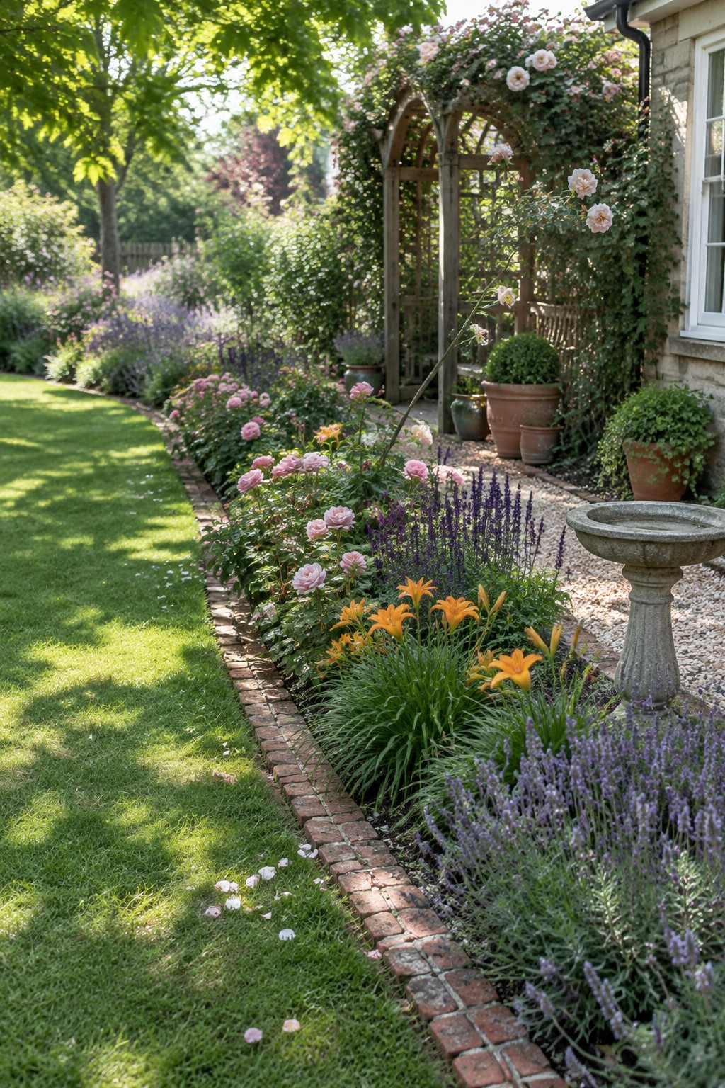 Lush garden with pink roses, orange lilies, purple lavender, wooden arch, and stone birdbath.