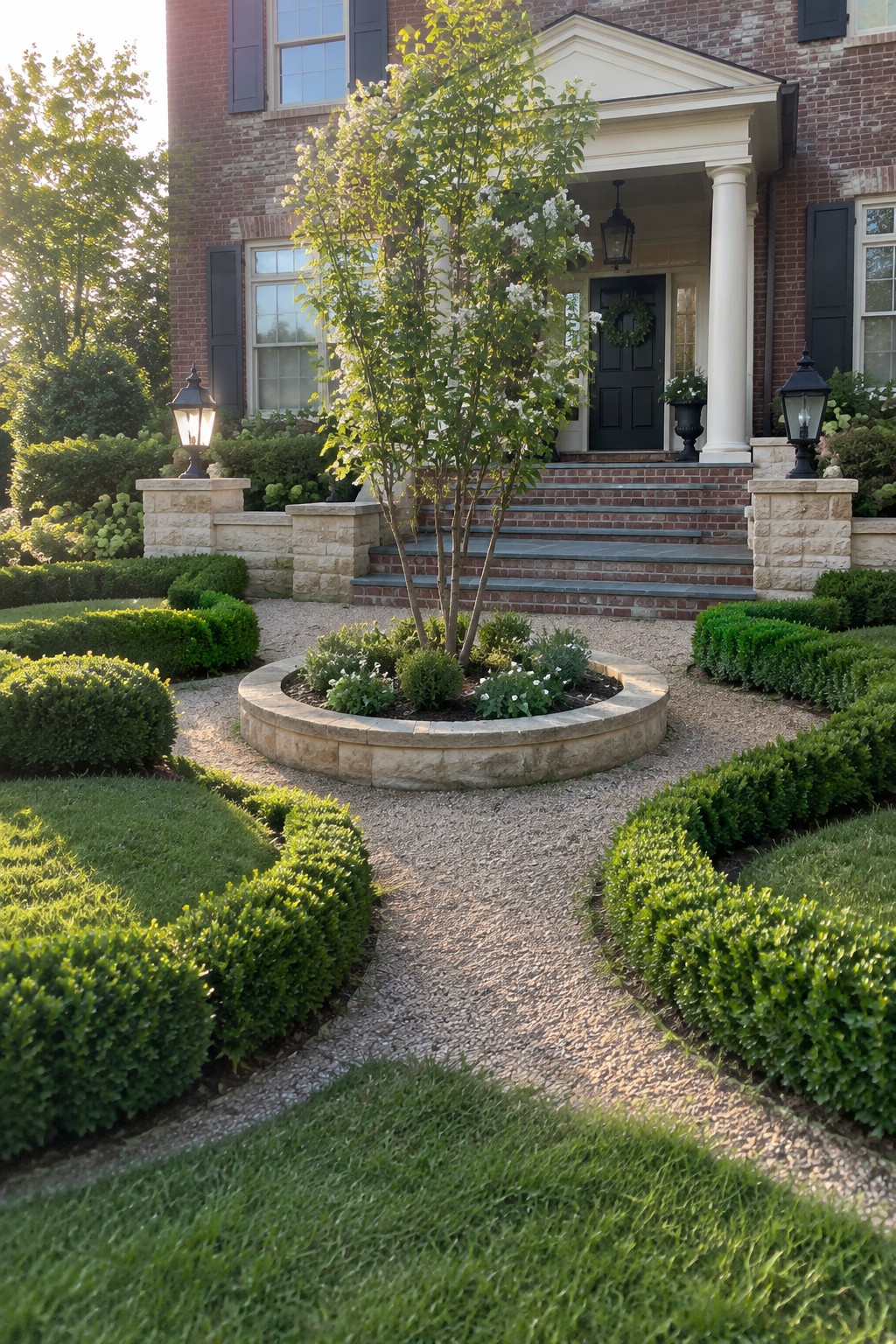 Front yard view showing a circular stone-edged planting bed centered on a gravel path, with shaped hedges, lawn, and a brick house entrance in the background.