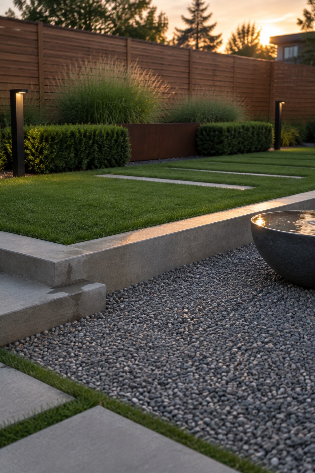 A backyard scene showing concrete edging that separates a flat lawn from a gravel area, with a dark stone water bowl in the foreground and tall grasses along a wooden fence.