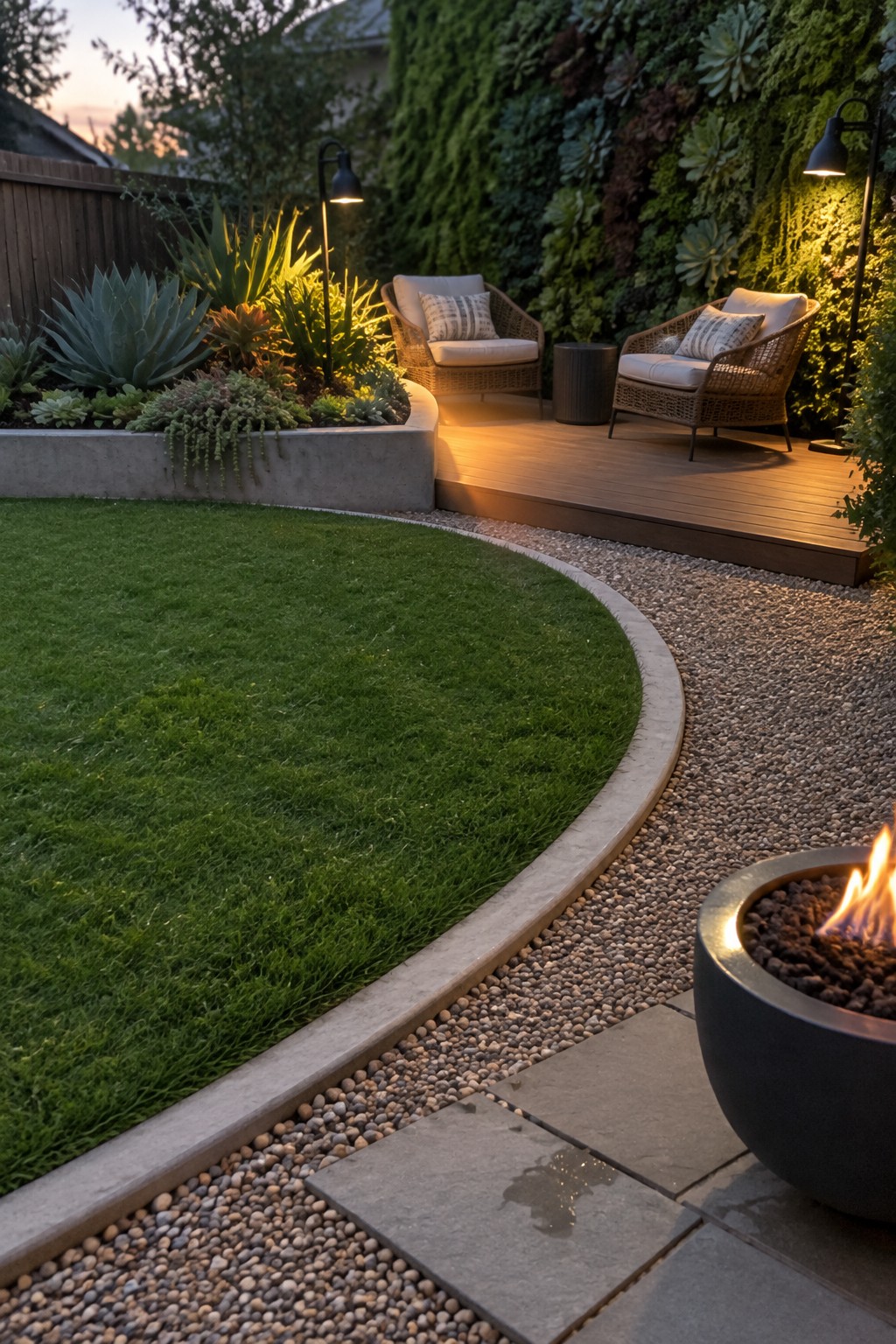 A backyard with a green lawn edged by a curved concrete border next to gravel, a wooden deck with two chairs, and a fire pit in the foreground.