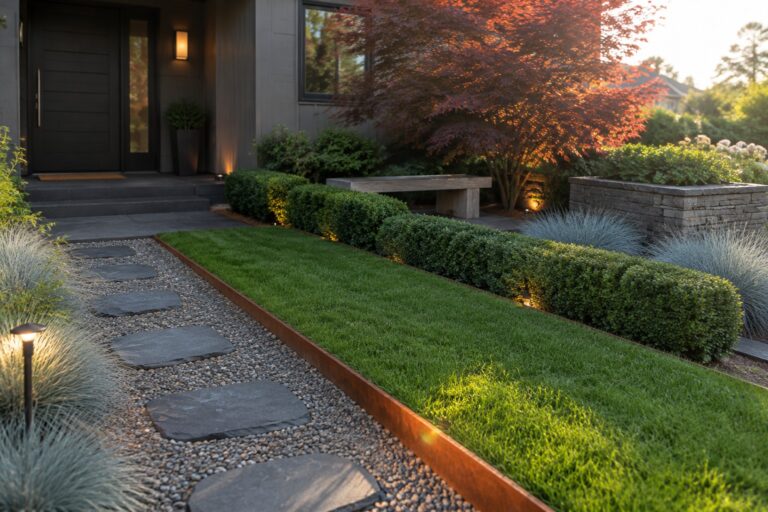 A narrow strip of green lawn edged by a long metal border next to a gravel path with gray stone pavers, with rounded shrubs planted along the far side.