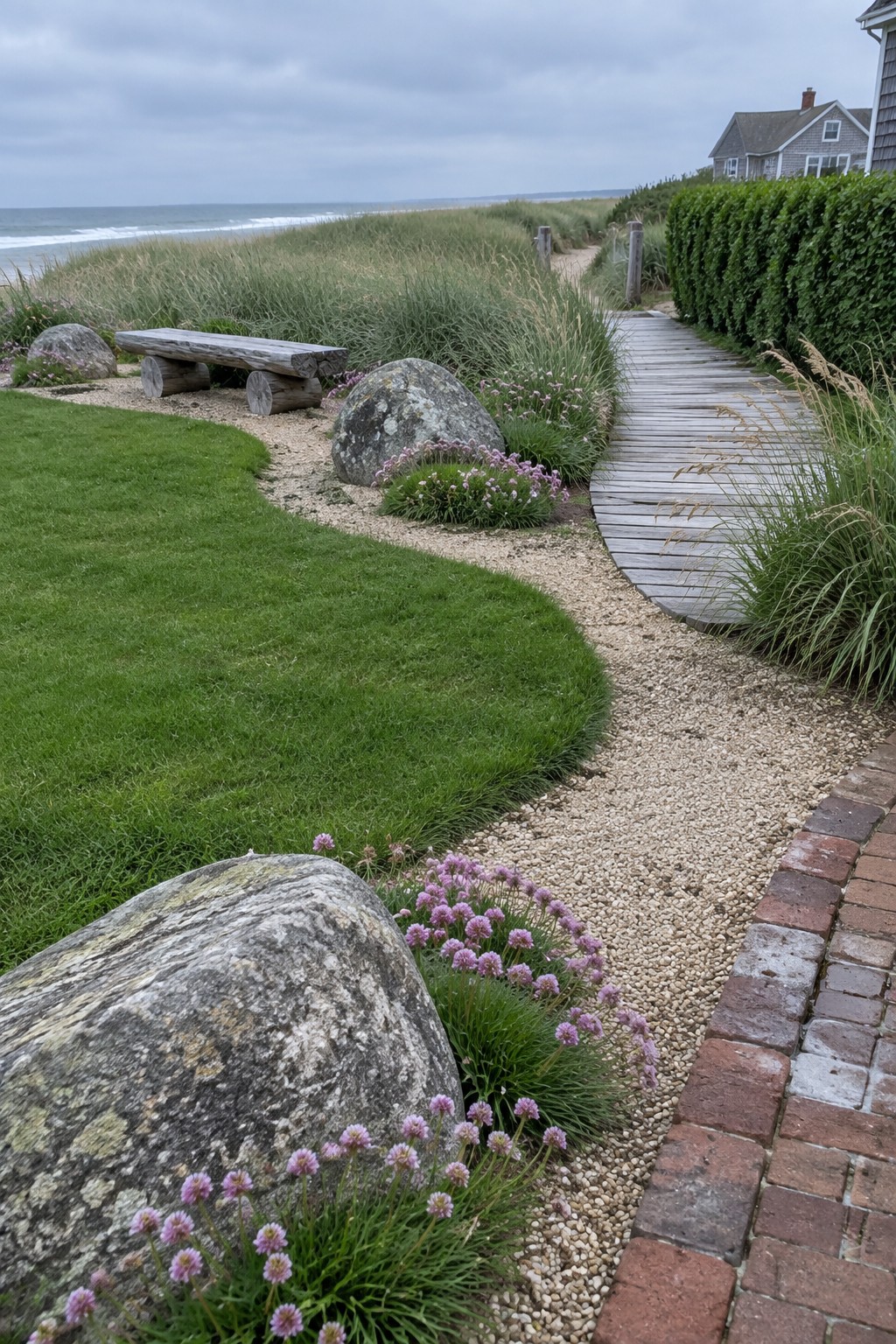 A wooden boardwalk curves beside a green lawn edged with gravel, rocks, and clusters of small purple flowers near the ocean.