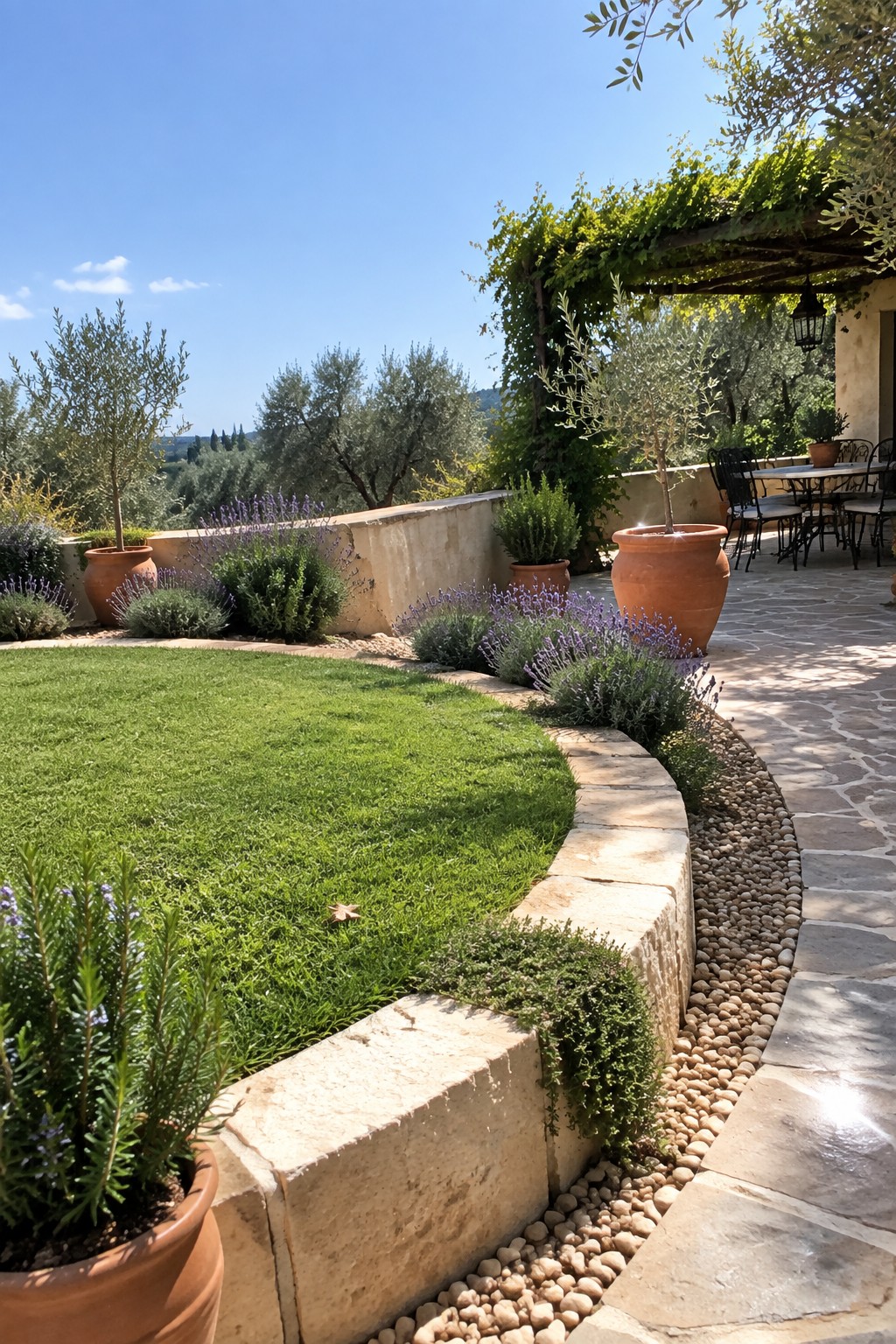 A green lawn curves along light stone blocks that separate it from a gravel bed lined with lavender and terracotta pots.