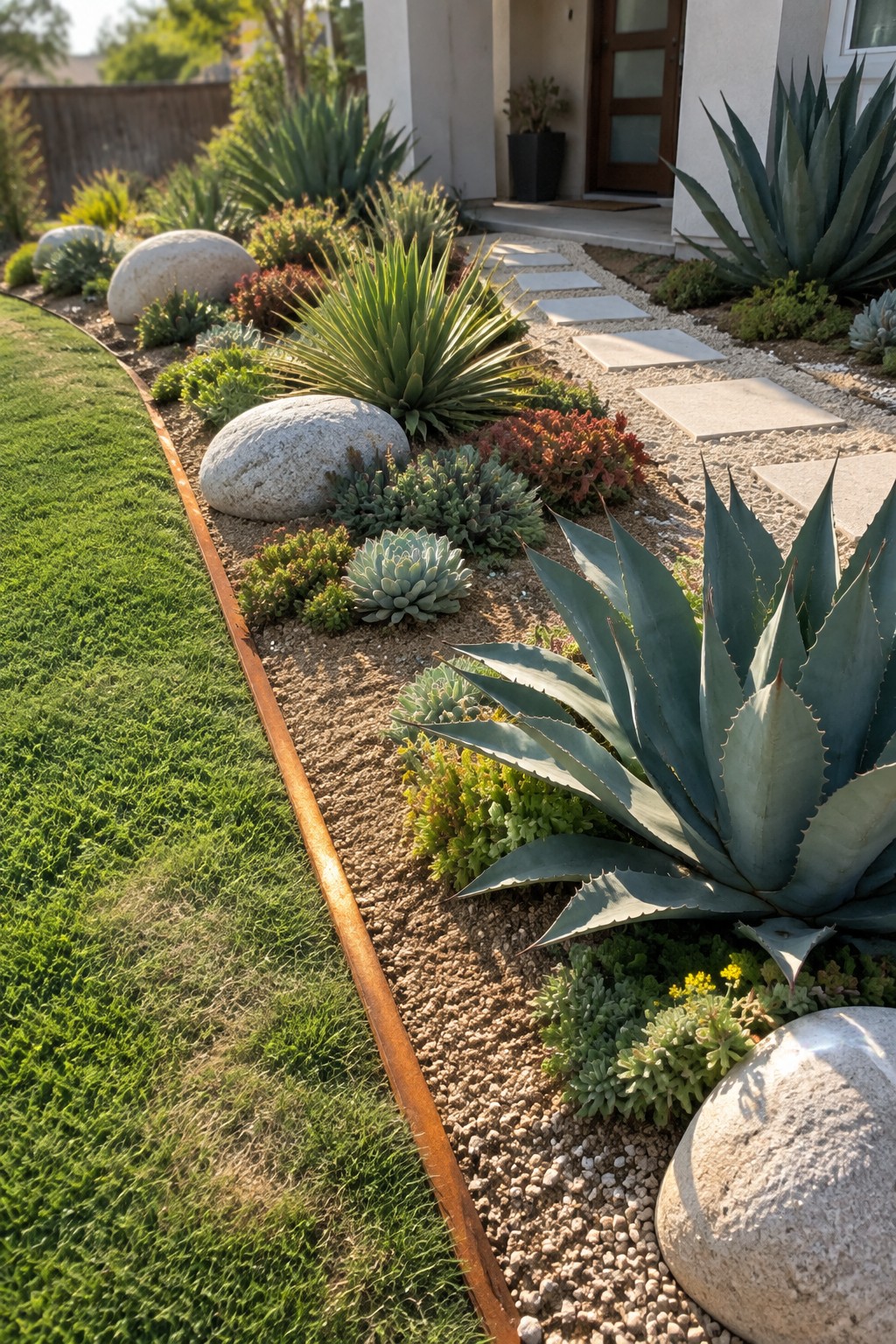A front yard garden bed edged with curved metal strip separating green lawn from gravel area filled with succulents, agaves, and large rocks, with a stone path to a house entrance.